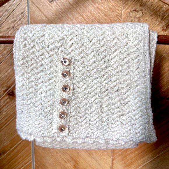 Accessories - White Scarf with Silver Threaded Accent Scalloped Edges and Rhinestone Buttons